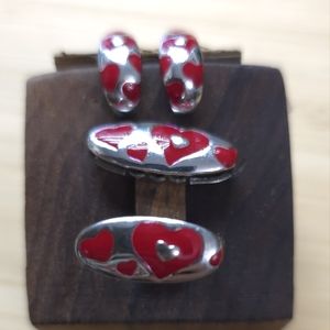 Sterling silver red enamel heart set.